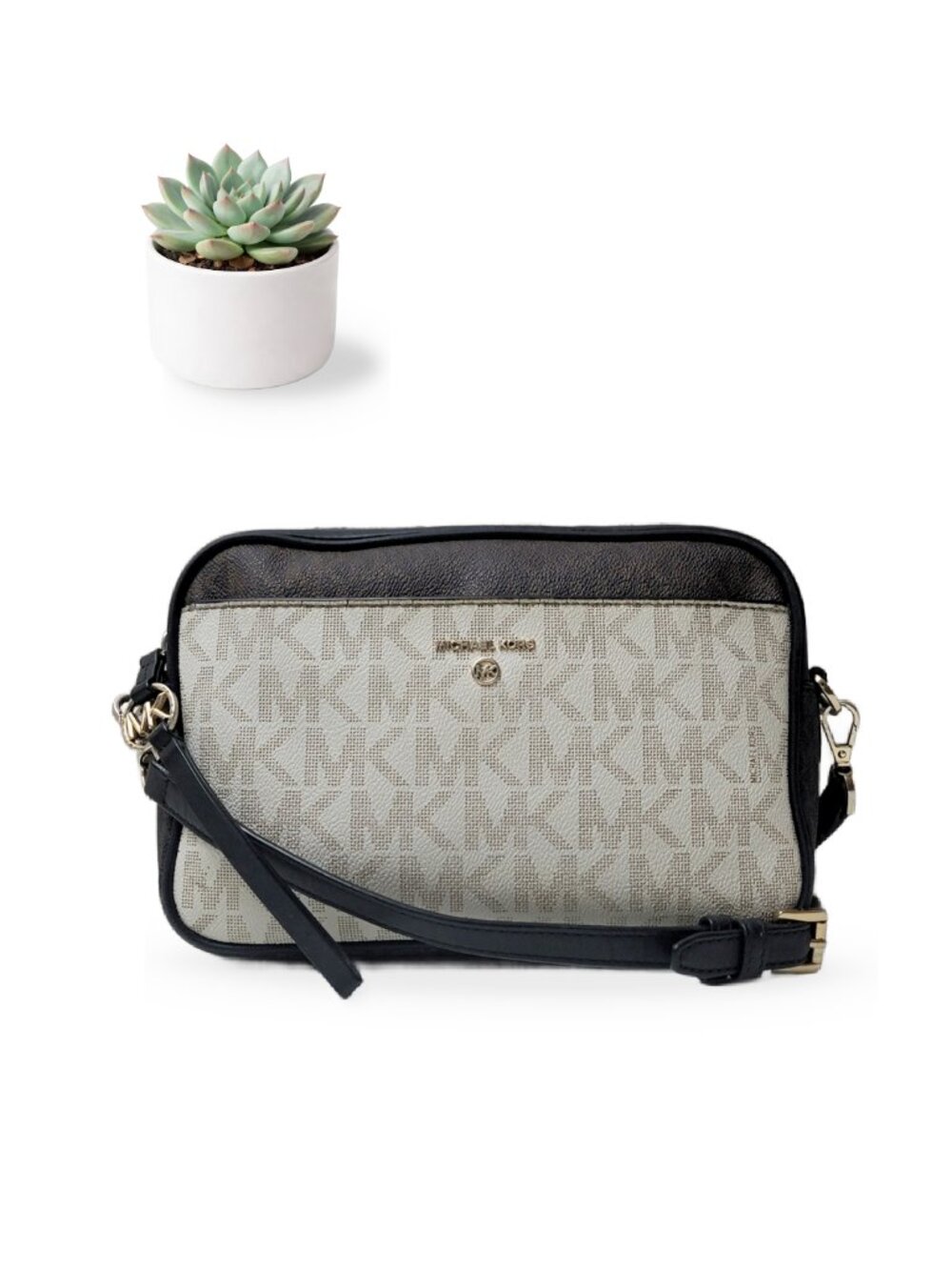 Michael Kors Medium Camera Bag Crossbody Vanilla Brown Black MK Purse 32S0GT9C7V